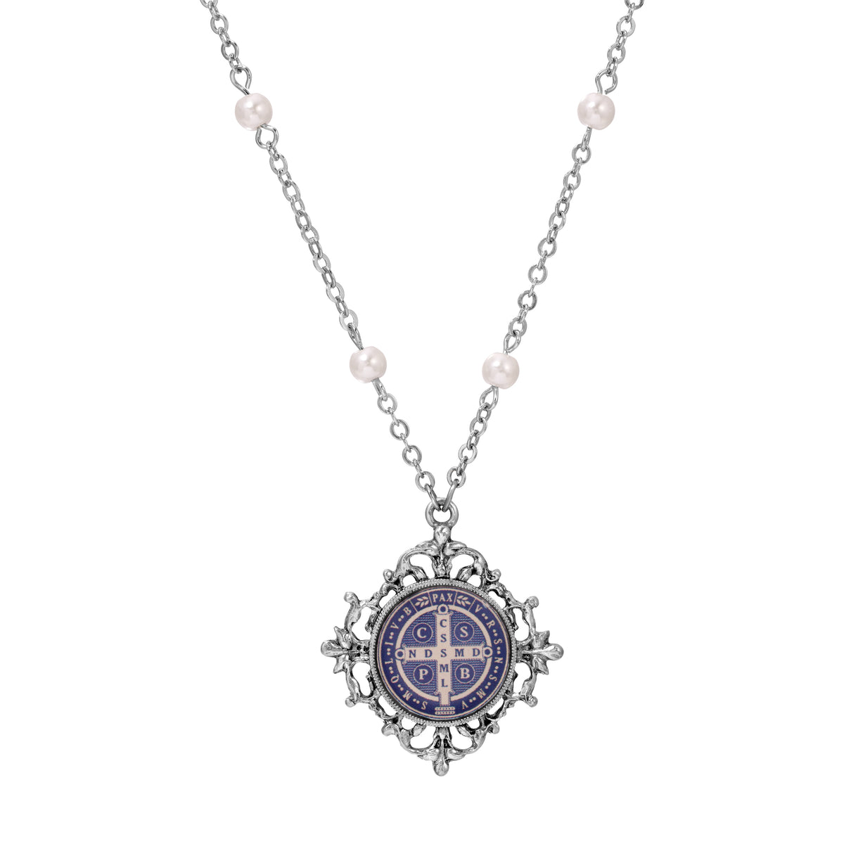 Blue & Silver Saint Benedict Decal Pendant Necklace 18"