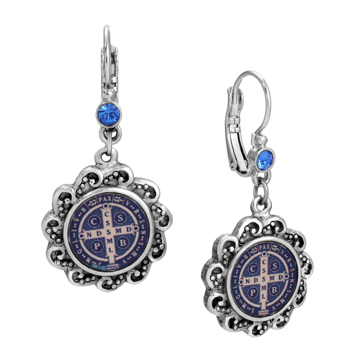 Round Silver & Blue Crystal Saint Benedict Decal Drop Earrings