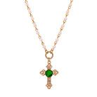 Round Emerald Green Crystal Cross & Faux Pearl Chain Pendant Necklace 16" + 3" Extension - Green
