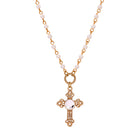 Round Clear Crystal Cross & Faux Pearl Chain Pendant Necklace 16" + 3" Extension - Crystal Clear