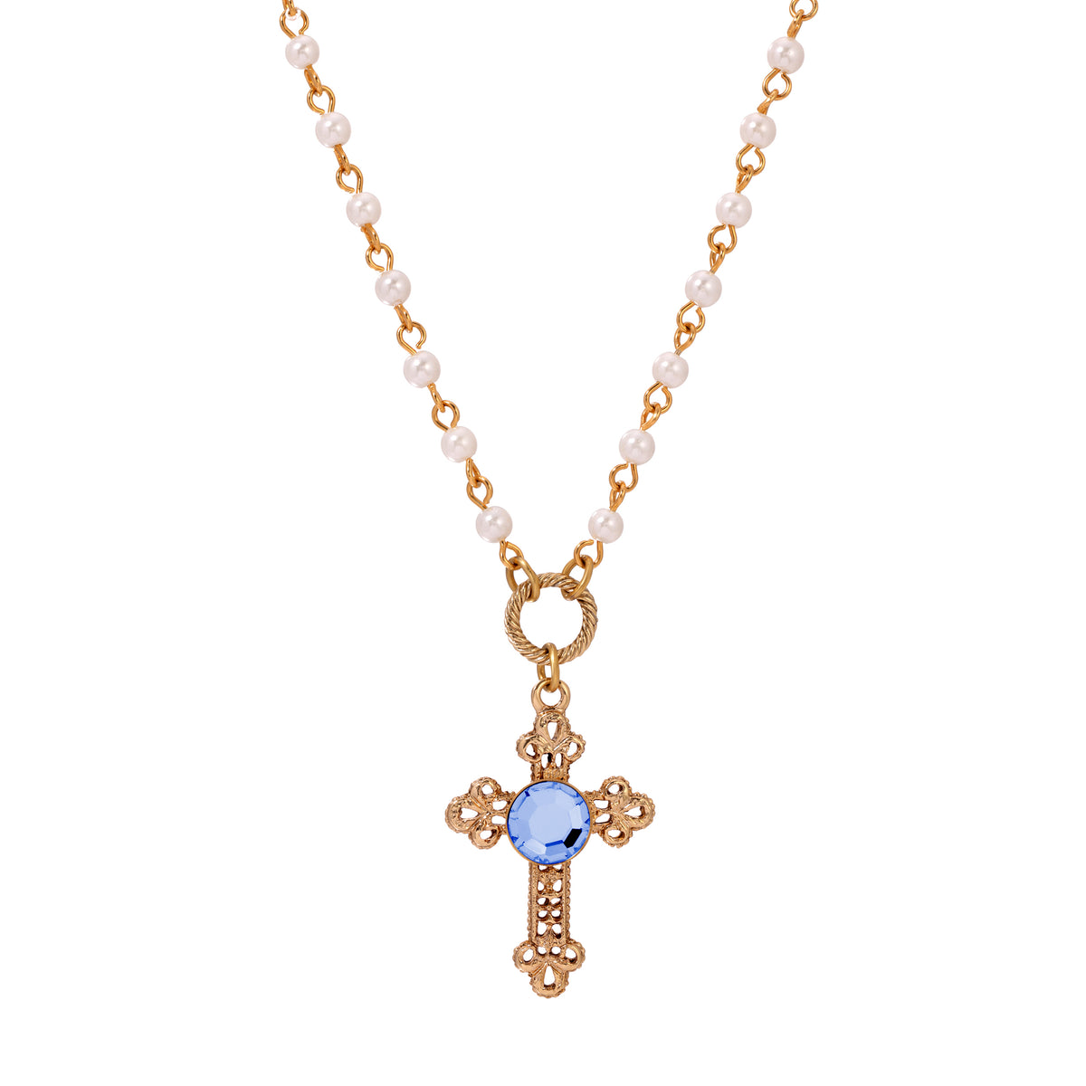 Round Light Sapphire Blue Crystal Cross & Faux Pearl Chain Pendant Necklace 16" + 3" Extension - Blue