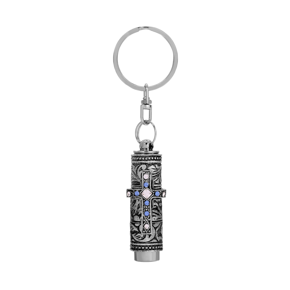 Silver & Light Sapphire Blue Crystal Cross Flashlight Keychain
