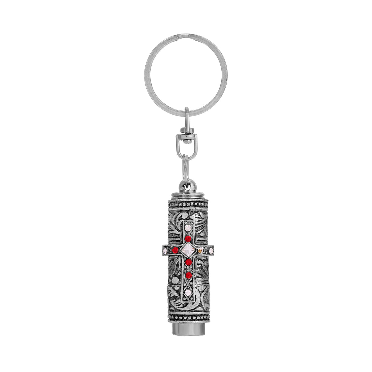 Silver & Siam Red Crystal Cross Flashlight Keychain

