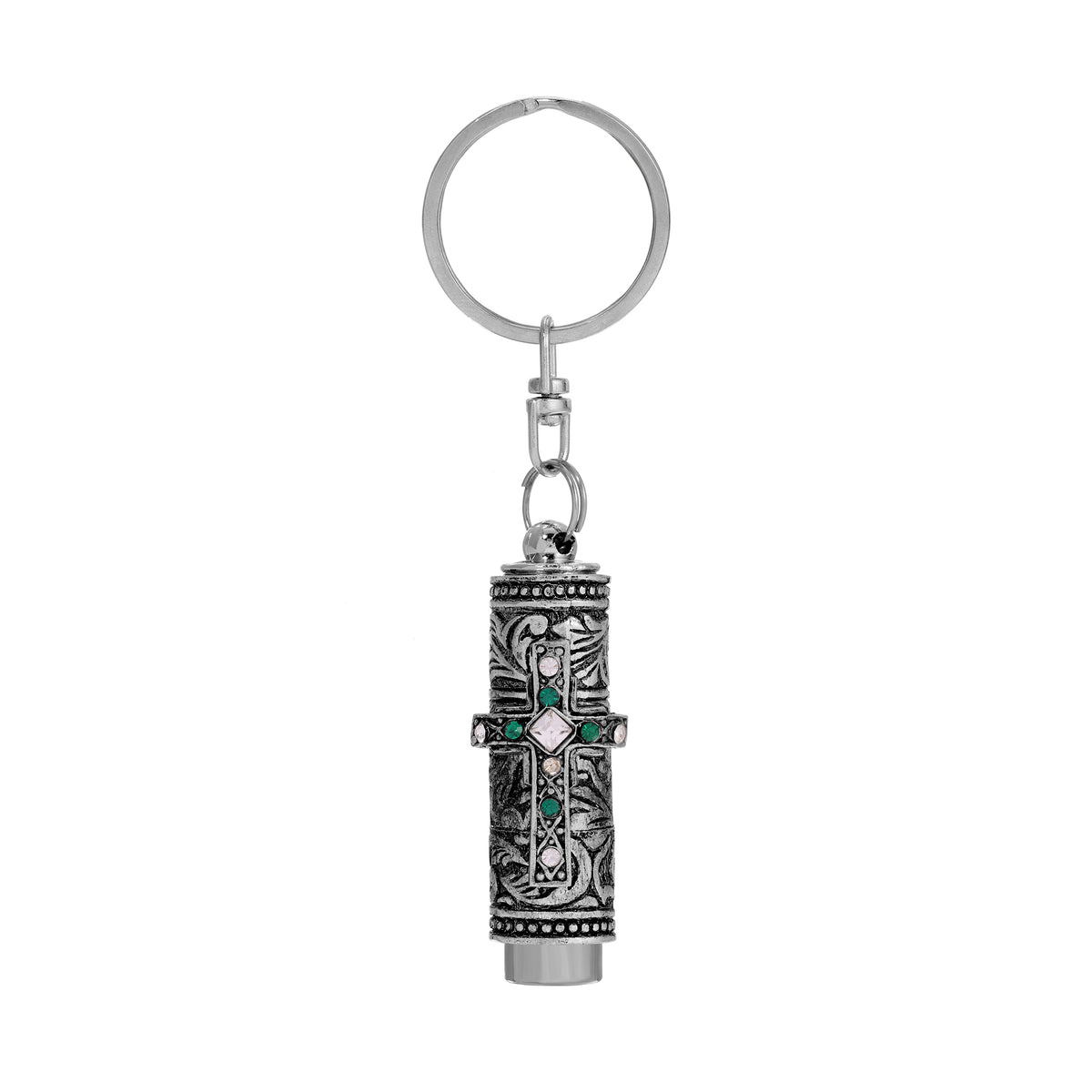 Silver & Emerald Green Crystal Cross Flashlight Keychain
