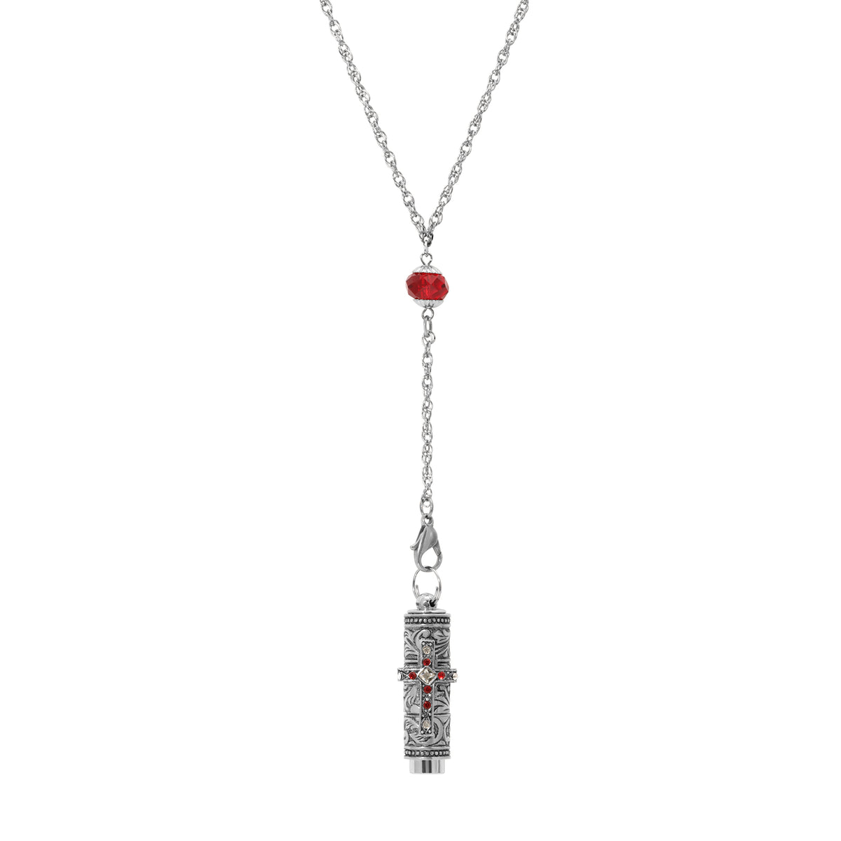 Bead & Siam Red Crystal Silver Cross Flashlight Pendant Necklace 28"