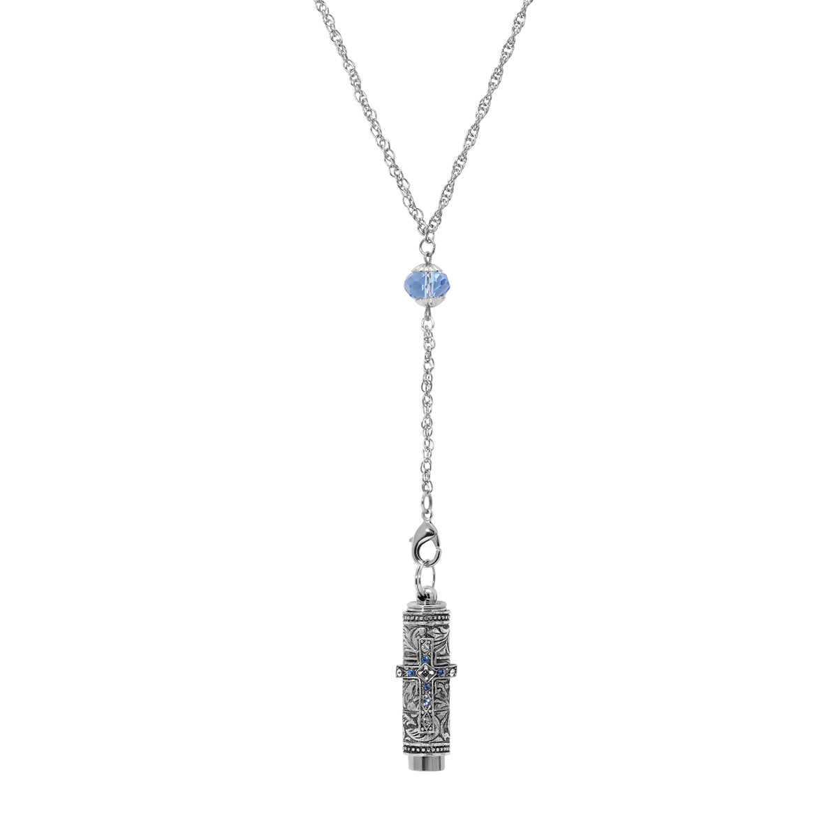 Bead & Light Sapphire Blue Crystal Silver Cross Flashlight Pendant Necklace 28"