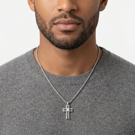 Man wearing a Square Austrian Crystal Cross Pendant Necklace 