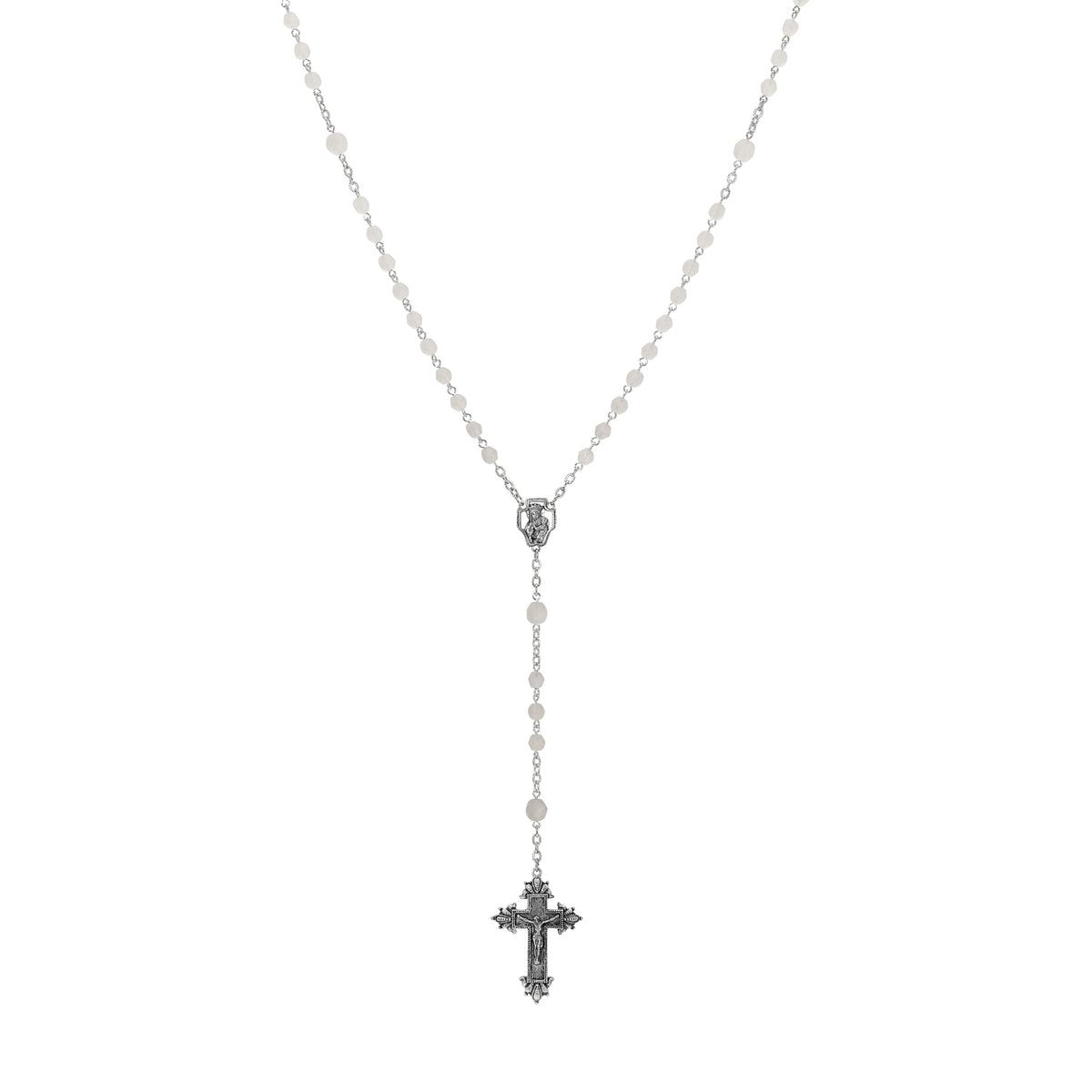 Silver & Fire Polished White Beaded Crucifix Rosary