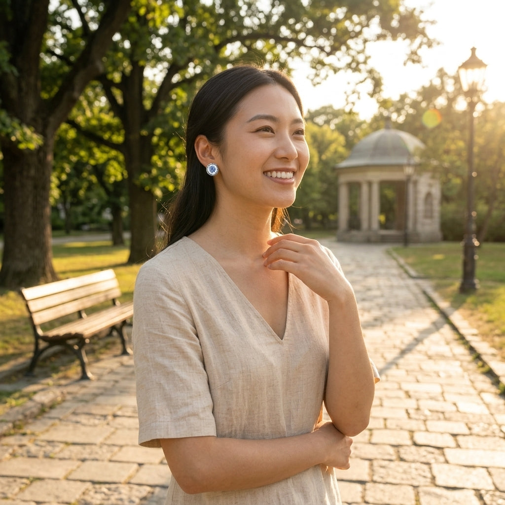 Woman wearing a blue and white floral designed earring, standing in a park on a sunny day.