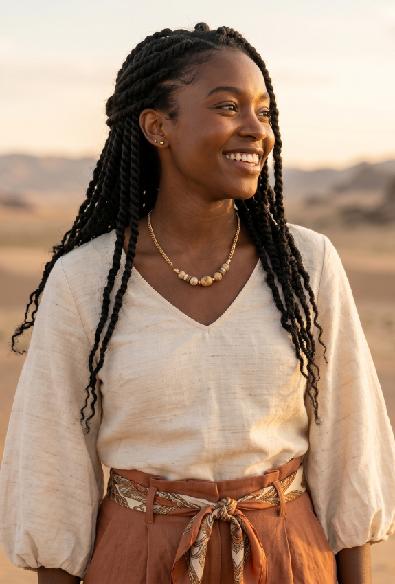 Woman with braided hair wearing a bohemian-style beaded necklace and a beige blouse with brown pants in a desert setting