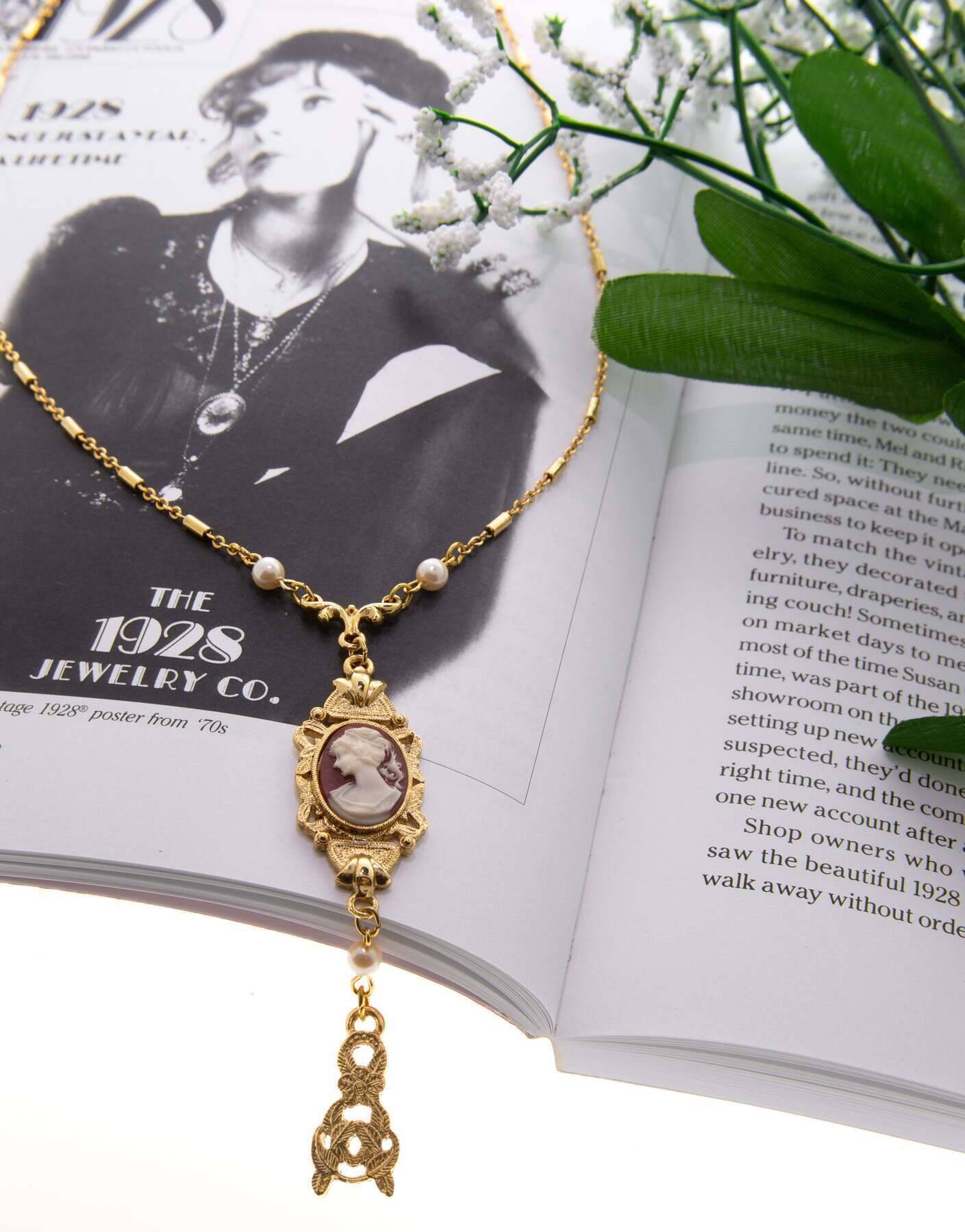 1928 Jewelry Frances Cameo Pendant Faux Pearl & Leaf Drop 24" Necklace