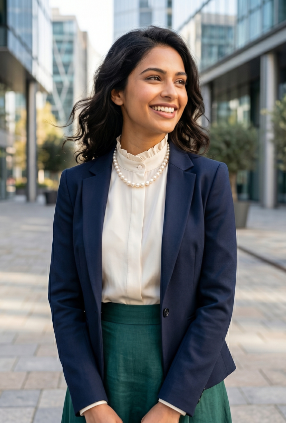 Woman in professional attire standing outdoors wearing a faux pearl, Edwardian-style necklace. 