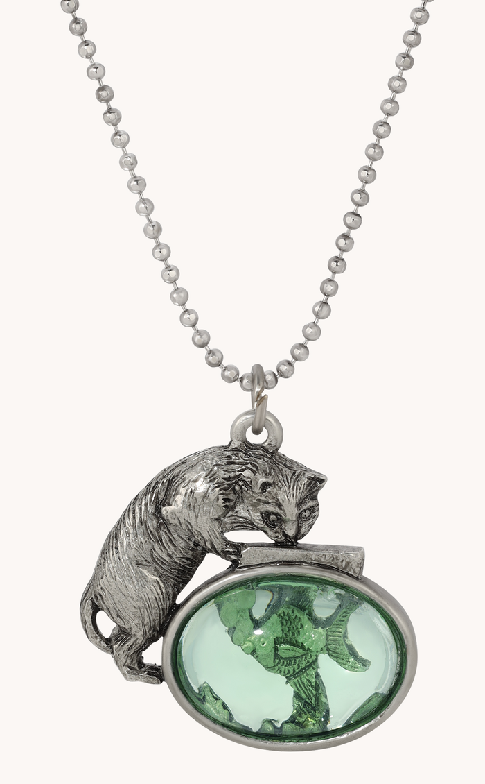 Whimsical Cat & Green Fish Pendant Ball Chain Necklace