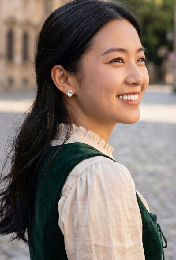 Woman with dark hair, wearing vintage-style crystal earrings and a renaissance-inspired green and white outfit, smiling outdoors.