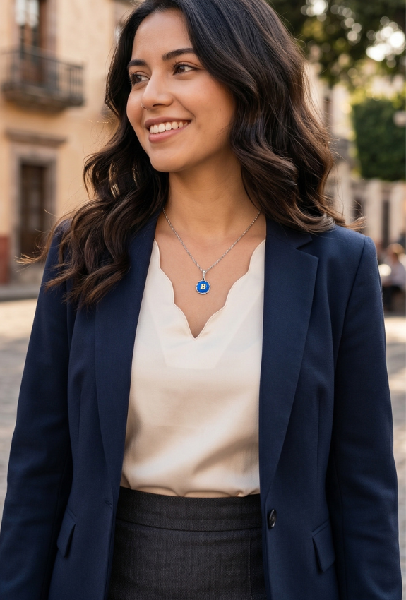 Woman wearing a blue blazer and white blouse with a blue and gold initial pendant necklace, standing outdoors.