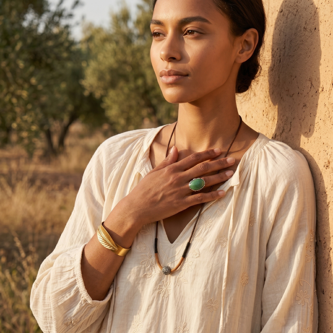 Boho woman wearing a necklace and ring, standing against a stone wall with trees in the background