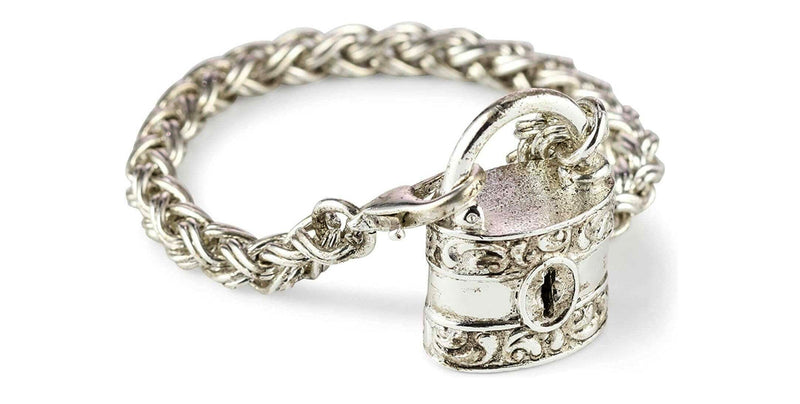 A silver-toned braided chain bracelet with an ornate padlock pendant