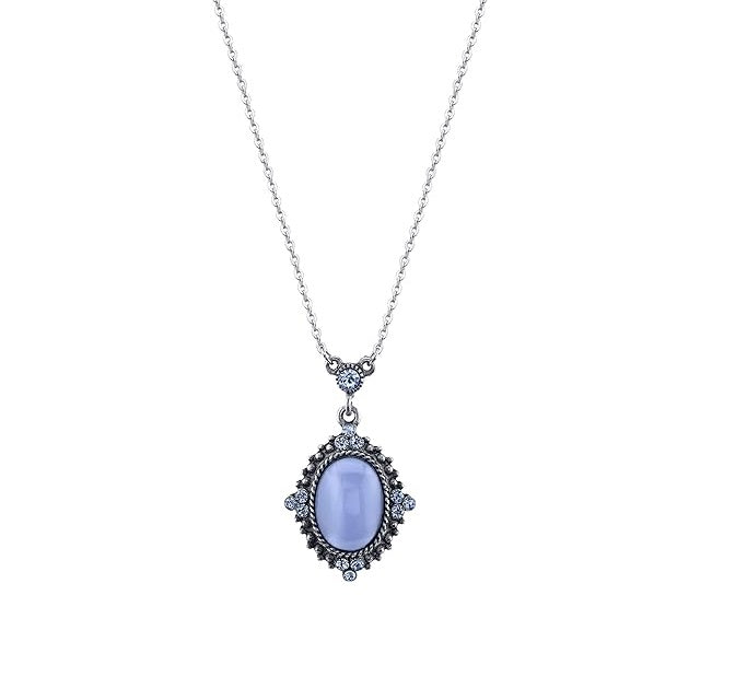 1928 Jewelry Light Sapphire Crystal Oval Blue Moonstone Pendant Necklace 16" + 3" Extension