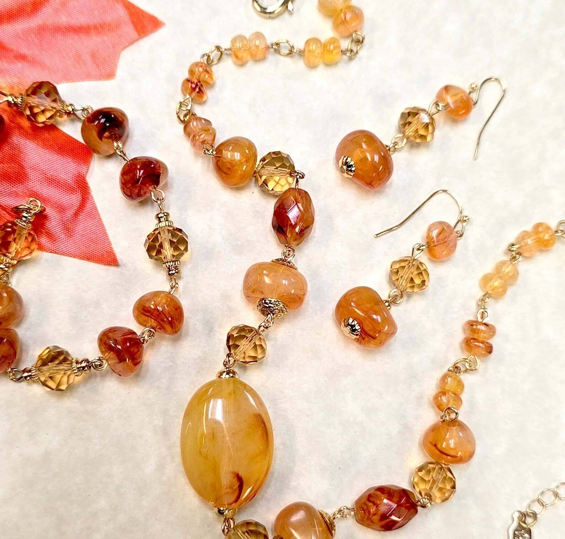 1928 Jewelry Marble Effect & Topaz Crystal Beaded Necklace 15" + 3" Extension