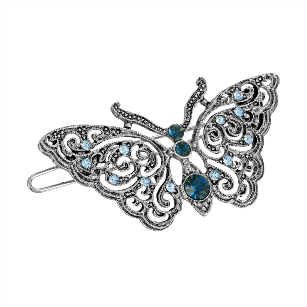 Silver Tone Montana Blue And Light Sapphire Crystal Butterfly Barrette