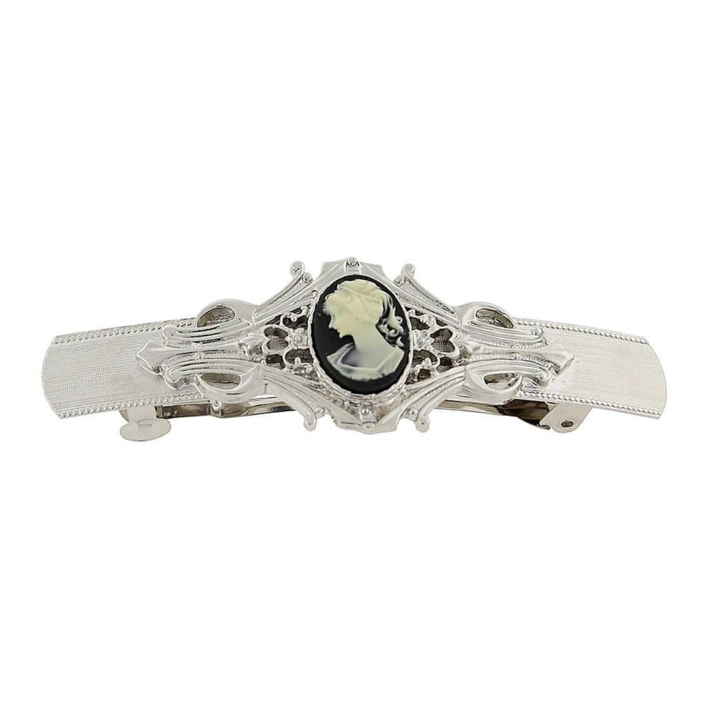 Silver Tone Black And Ivory Cameo Oval Bar Barrette