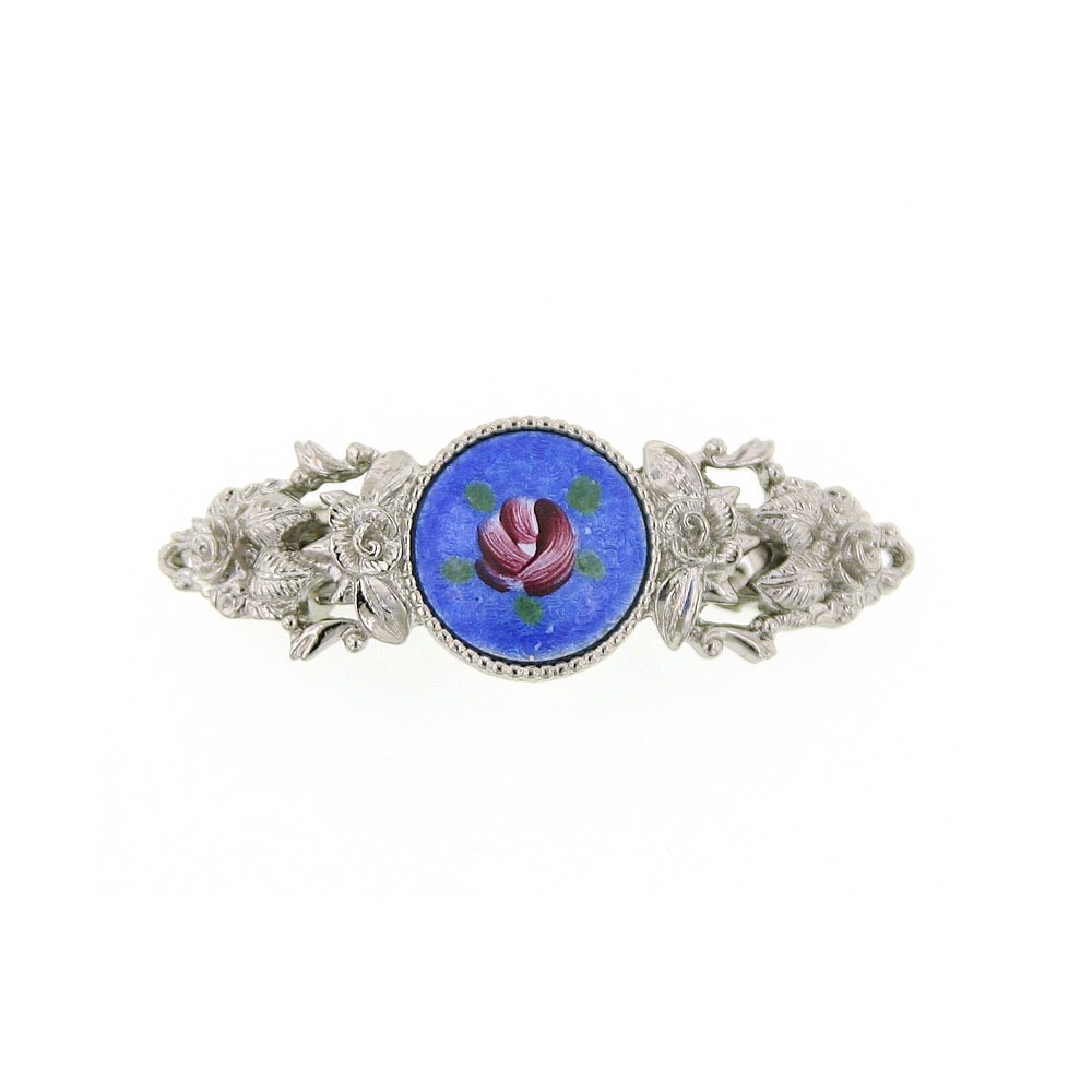 Silver Tone Round Blue Color And Pink Flower Decal Barrette