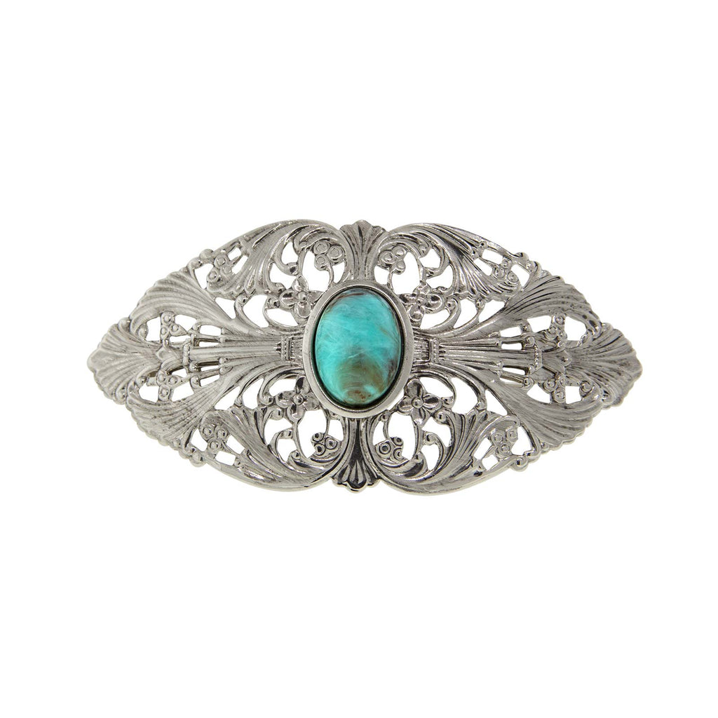Silver Tone Oval Turquoise Color Oval Stone Large Hair Barrette