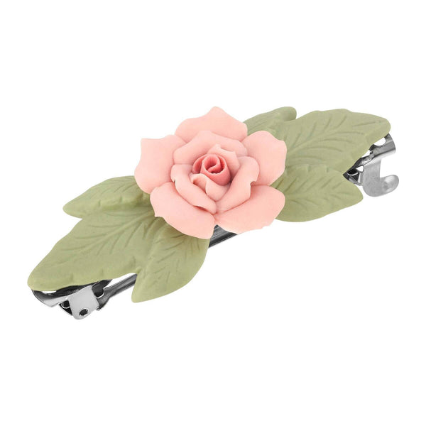 1928 Jewelry Genuine Porcelain Rose And Green Leaf French Hair