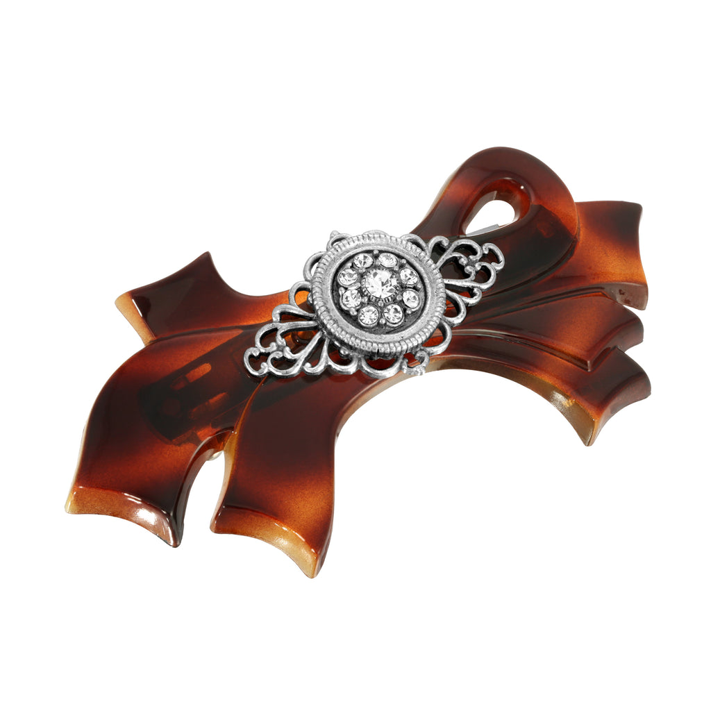 Brown Tortoise With Filigree And Crystal Accent Bow Hair Barrette