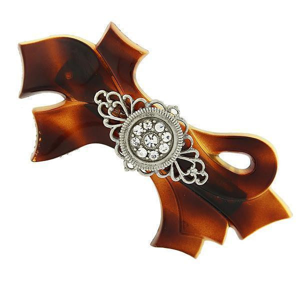 Brown Tortoise With Silver Tone Filigree And Crystal Accent Bow Barrette