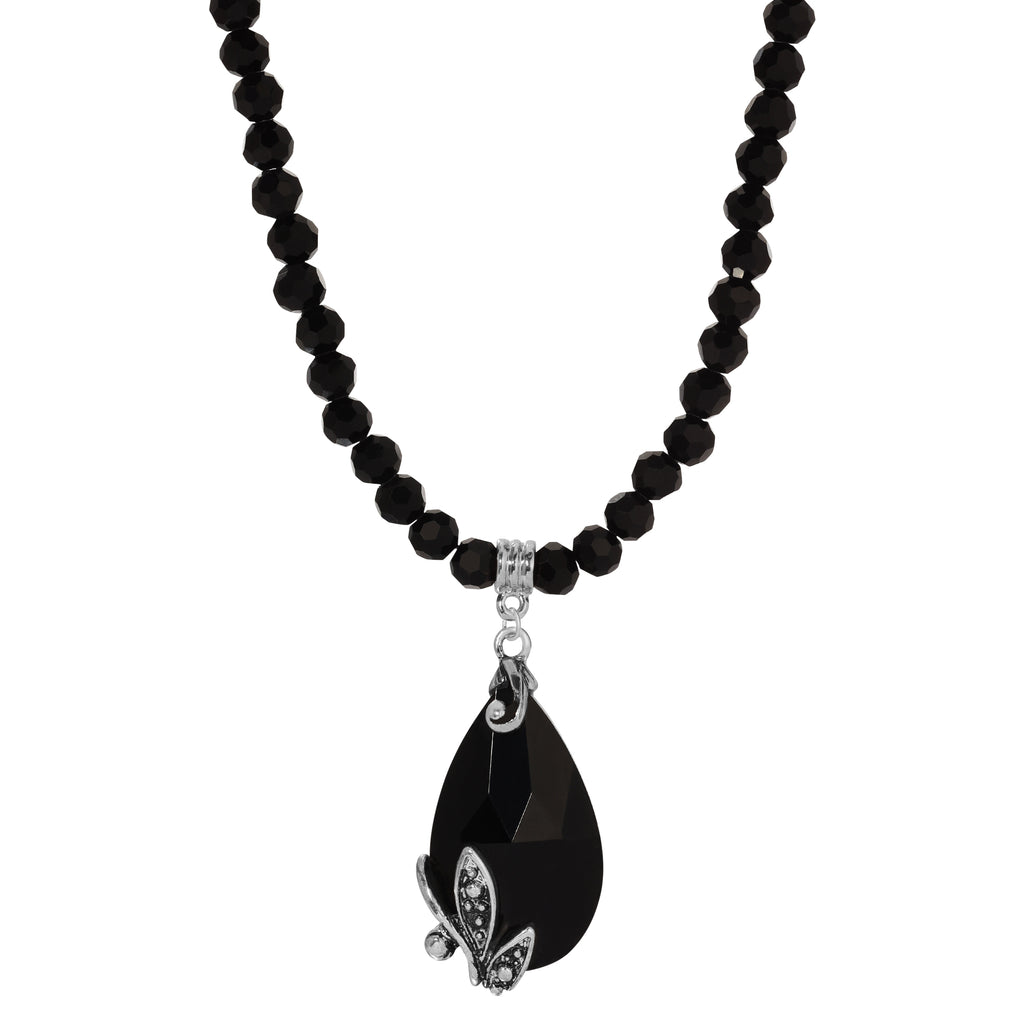 Regal Jet Black Teardrop Crystal Pendant Glass Bead Strand Necklace 15" + 3" Extender