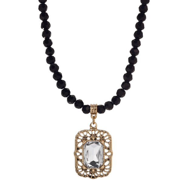 Brontë Filigree Octagon Crystal Pendant Glass Bead Strand Necklace 15" + 3" Extender
