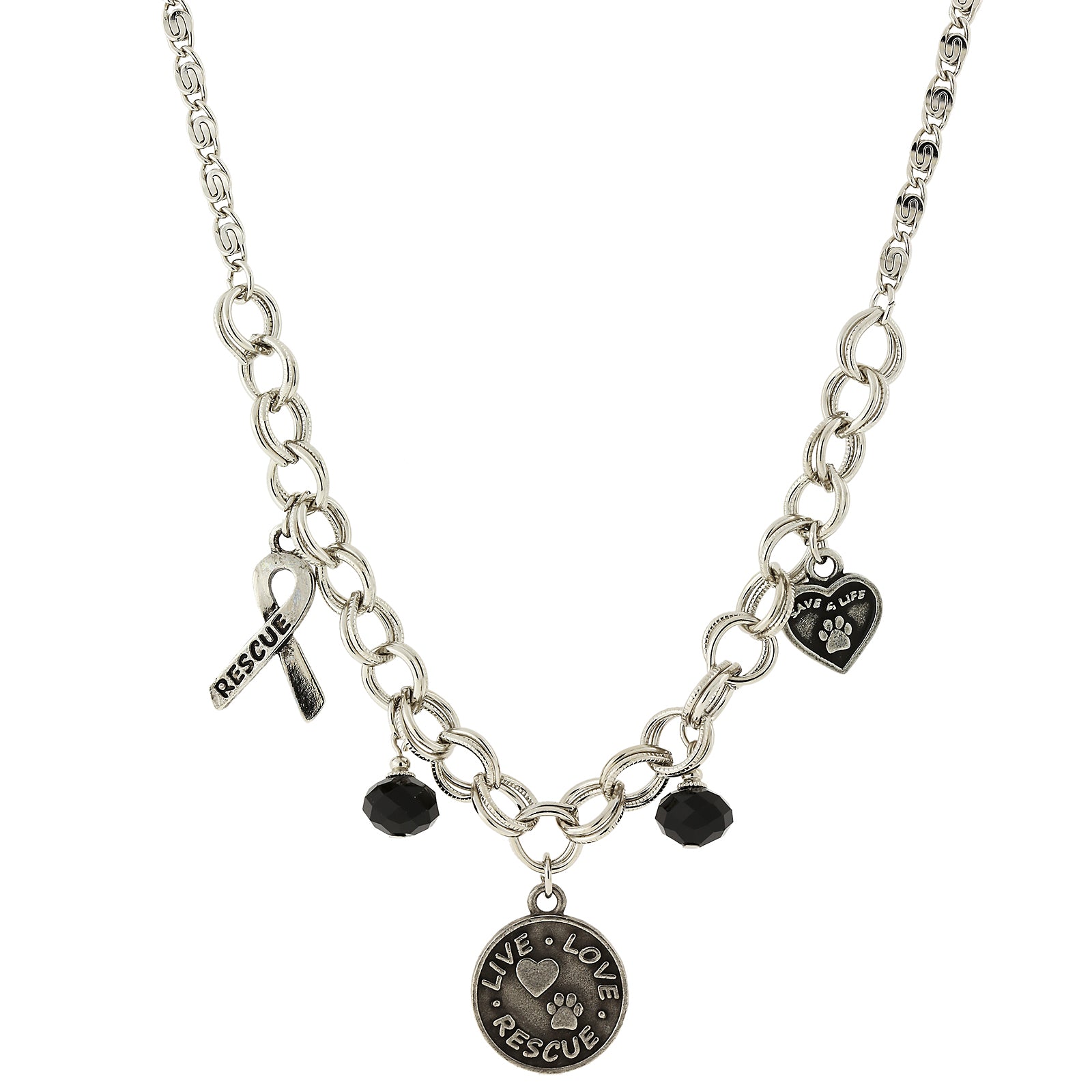 1928 Jewelry Black Bead Live Love Rescue Pendant Necklace 16