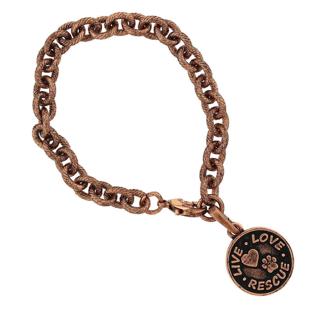Copper Tone Link Chain Live Love Rescue Charm Pendant Bracelet