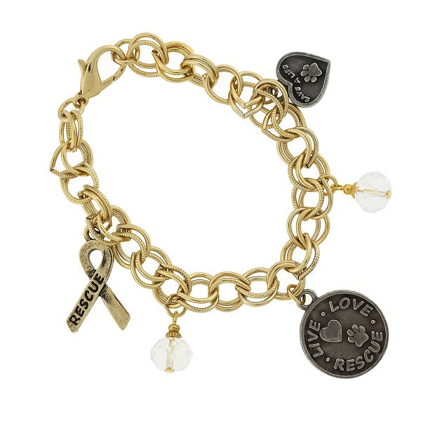 Gold Tone Heart Rescue And Live Love Rescue Charm Bracelet