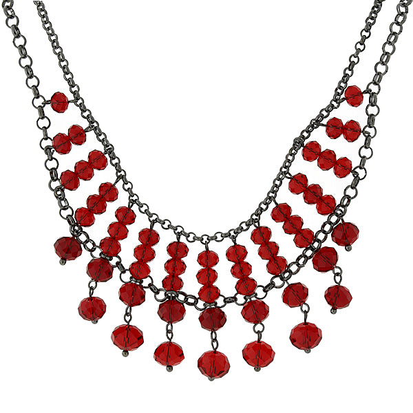 Silver Tone Beaded Necklace 16   19 Inch Adjustable Red