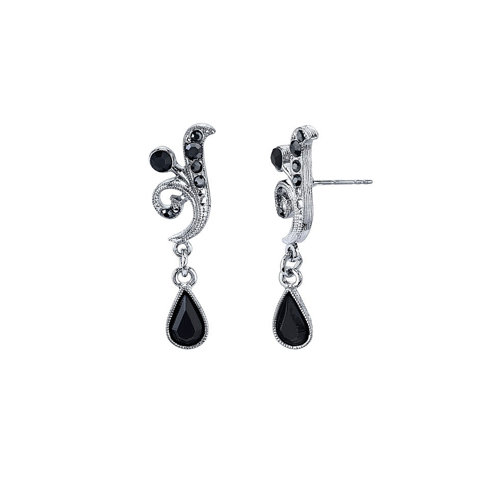 Silver Tone Black And Hematite Color Crystal Vine Drop Earrings