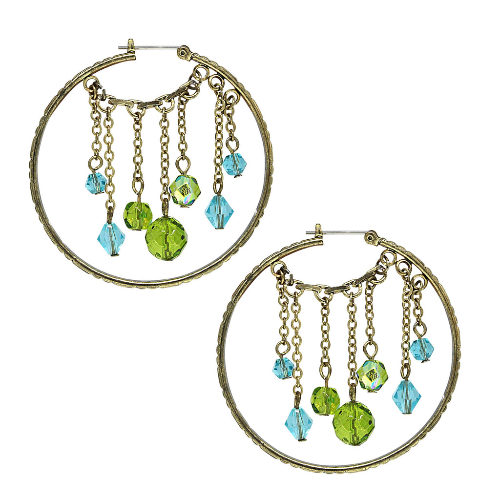 Gold Tone Olivine Green Color And Blue Hoop Earrings