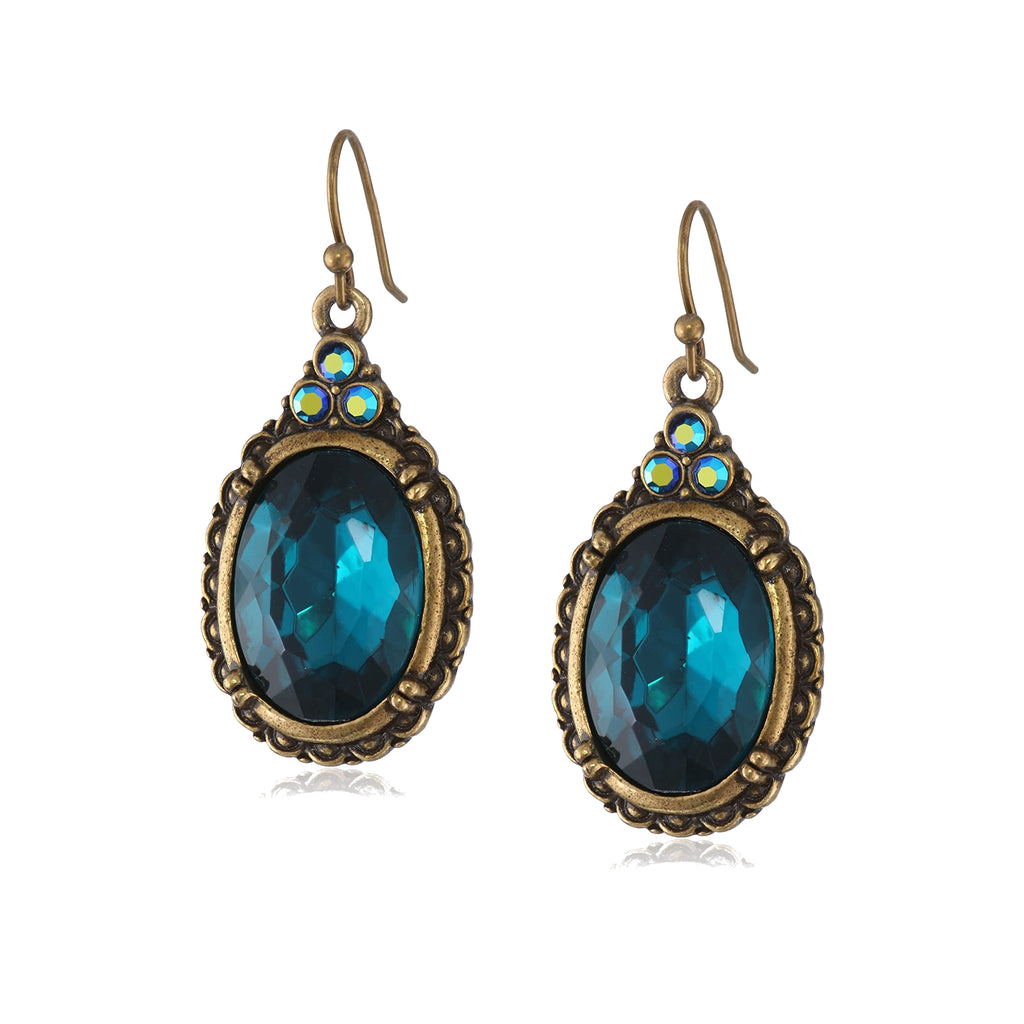 Burnished Brass Tone Oval Blue Zircon Color & Ab Crystal Accent Oval Drop Wire Earrings