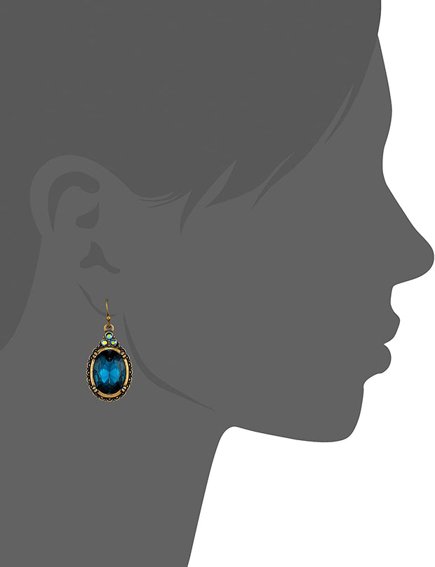 Antiqued Gold Tone Blue Oval Drop Wire Earrings