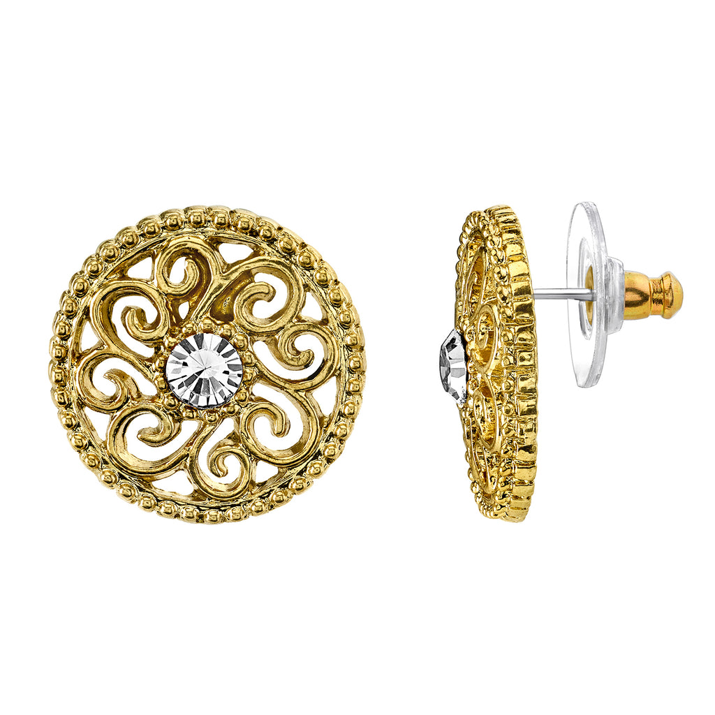 Gold Tone Crystal Open Lattice Button Earrings