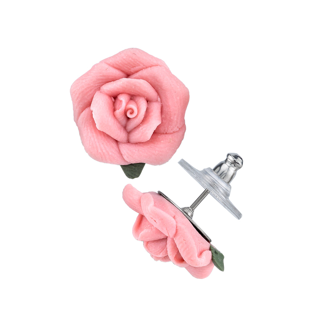 Silver-Tone Large Porcelain Rose Post Earrings