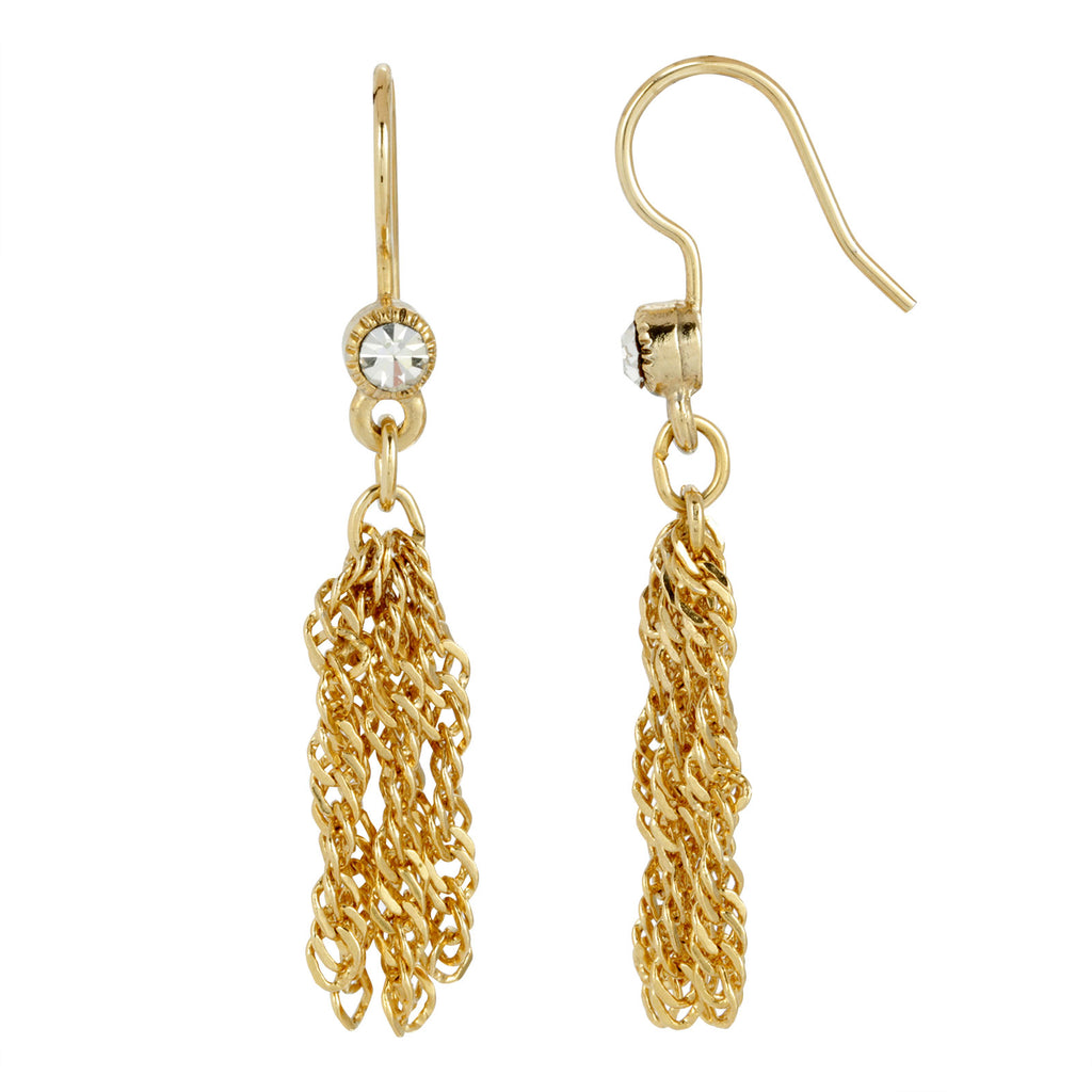 14K Gold Dipped Round Crystal French Wire Tassel Earring