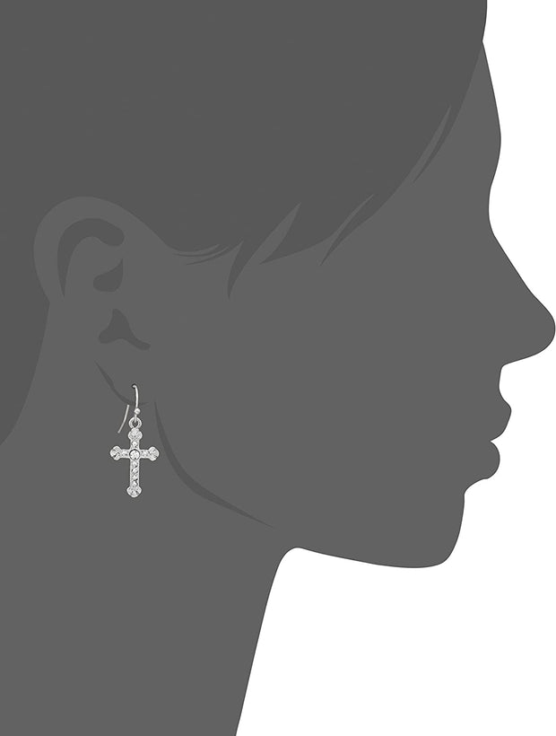 Silver Tone Crystal Accent Cross Drop Earrings Silhouette