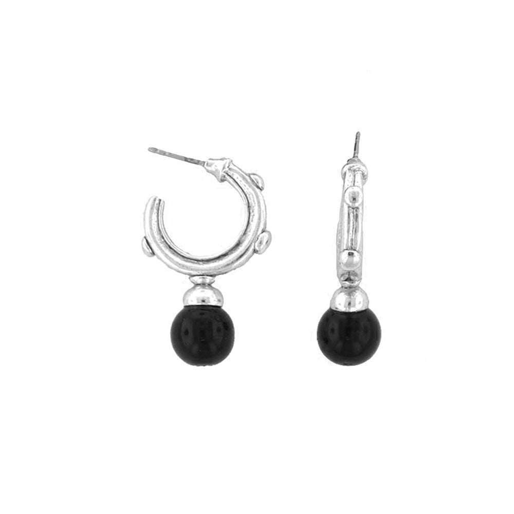 Silver Tone Black Drop Hoop Earrings