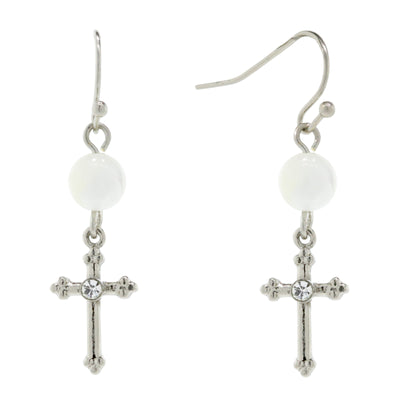 Silver Tone Costume Mother Of Pearl Bead And Crystal Accent Cross Drop Earrings