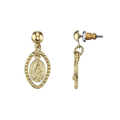 14K Gold Dipped Mother Mary Medallion Post Drop Earrings