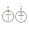 1928 Spiritual Suspended Crystal Accent Cross Silver Rope Hoop Drop Earrings