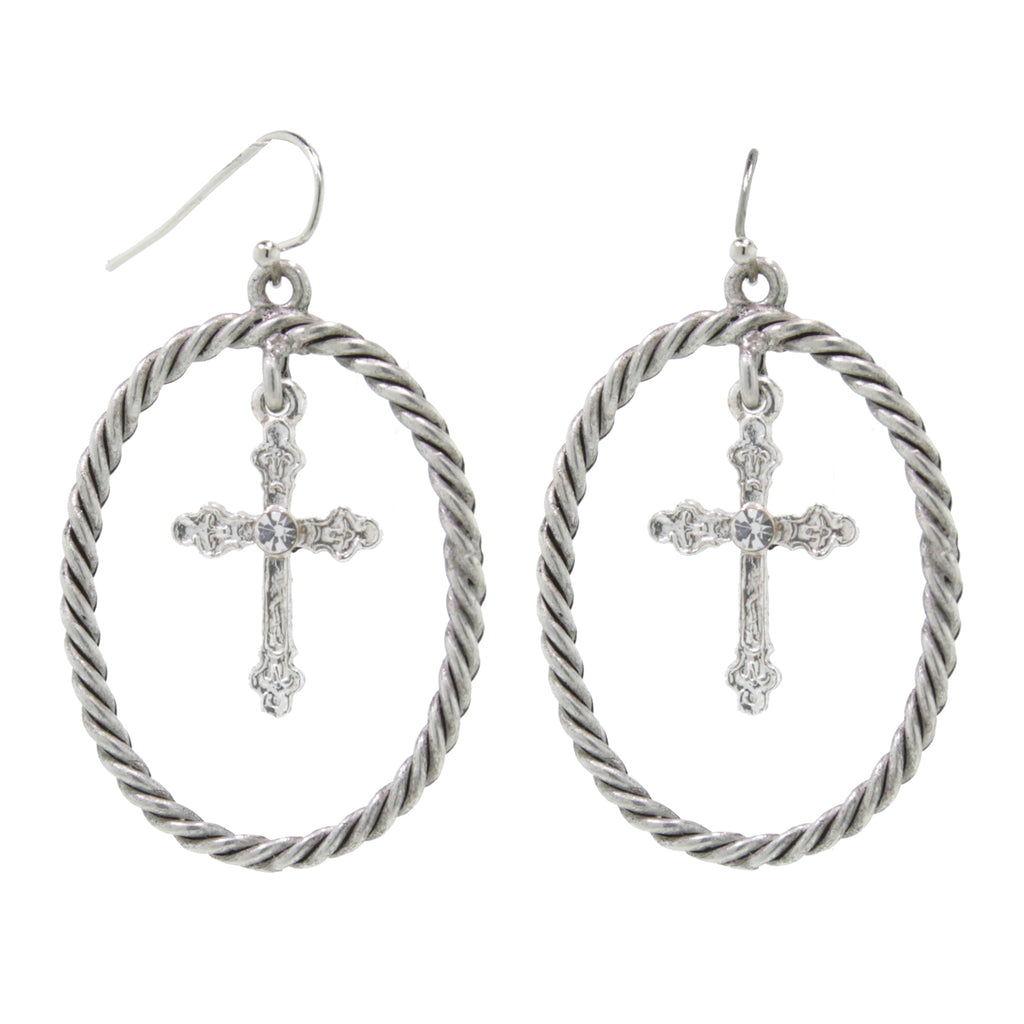 Silver Tone With Crystal Accent Suspended Cross Drop Hoop Earrings