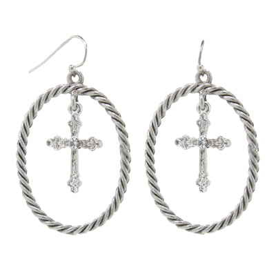 Silver Tone With Crystal Accent Suspended Cross Drop Hoop Earrings